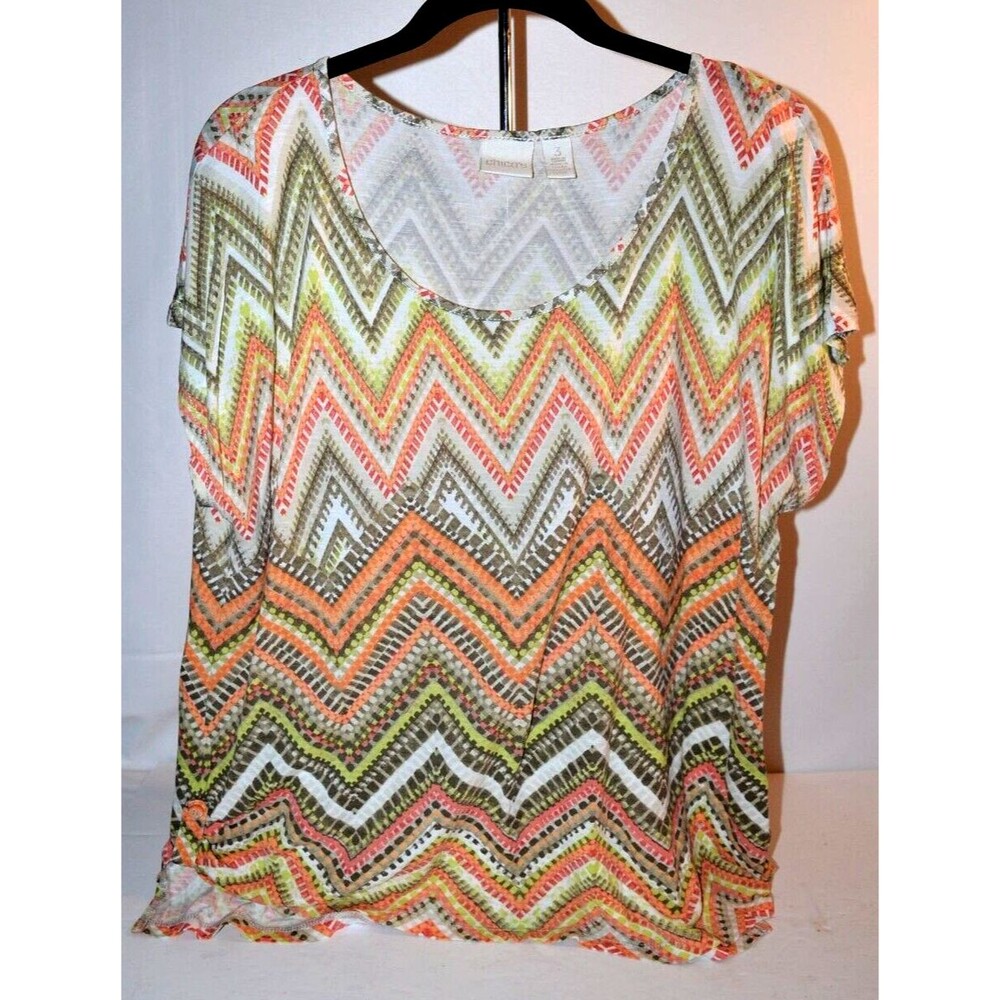 Chico's Women Orange White Chevron Print Blouse Size 3 XL Cruise button detail‎